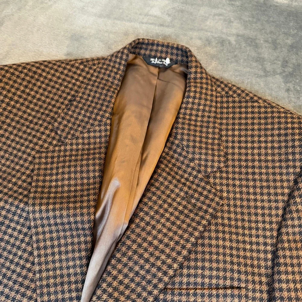 Bill Blass Classics Blazer Mens 43 Short Brown Wool Houndstooth Two Button